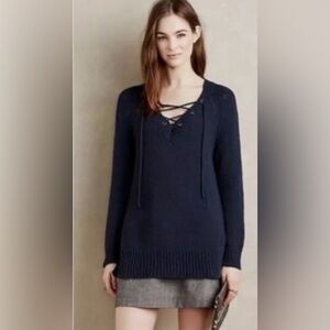 Anthropologie Deep Blue V-Neck Sweater with Lace-Up Detail